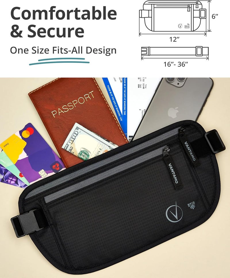Vantamo حزام نقود مع RFID للرجال والنساء، حامل جواز سفر مخفي للسفر، حقيبة خصر للسفر بجيبين للنساء مضادة للسرقة - Image 4